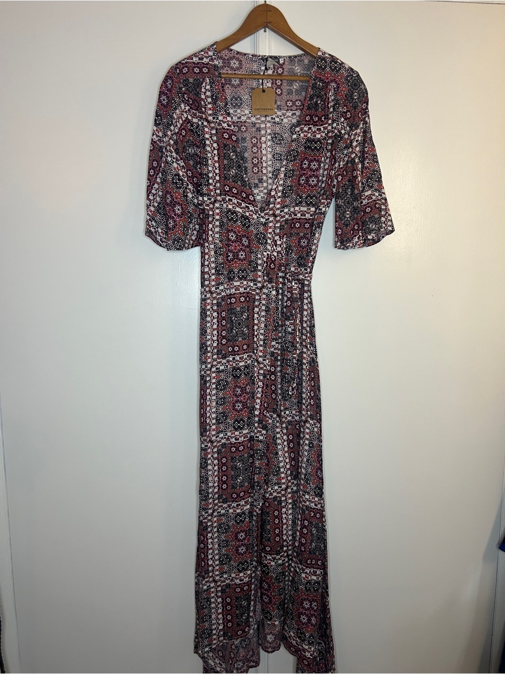 Bohemian Printed Maxi Wrap Dress in Burgundy and Black - Picture 2 of 10